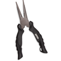 Rapala Super Stainless Steel Pliers with black ergonomic handles featuring textured grips and a long, narrow stainless steel nose for precise fishing tackle and lure adjustments.