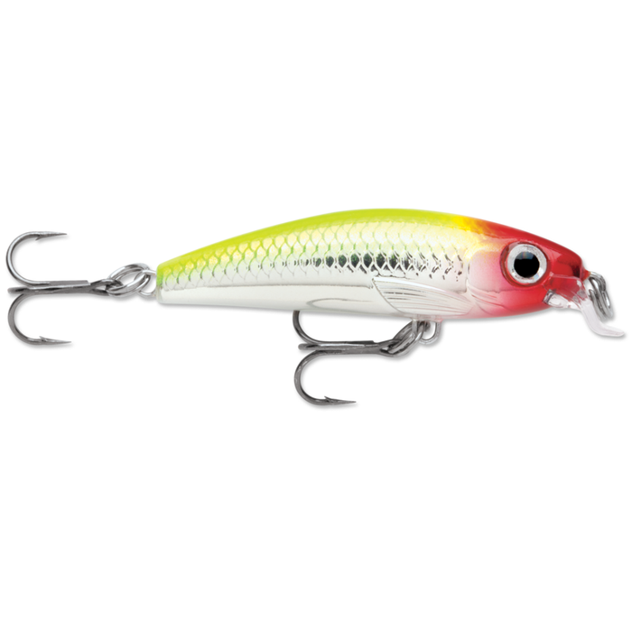 Rapala Ultra-Light Minnow fishing lure with a silver reflective body, yellow-green back, red head, and two sharp treble hooks for effective fishing tackle use.