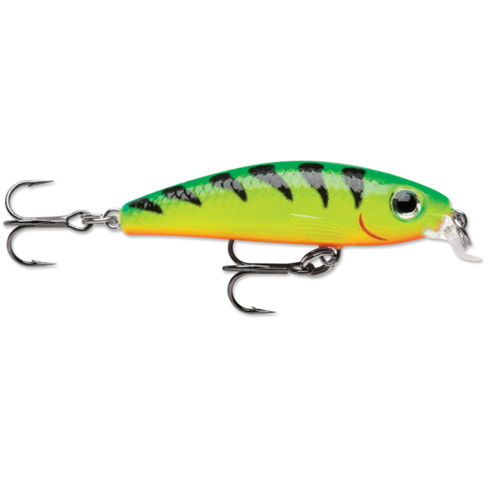 Rapala Ultra-Light Minnow fishing lure in bright green and yellow with black stripes, featuring two sharp treble hooks and a small diving lip for freshwater fishing.