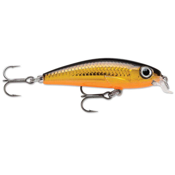 Rapala Ultra-Light Minnow fishing lure in gold and orange with detailed scale pattern, two treble hooks, and a small diving lip for freshwater fishing tackle.