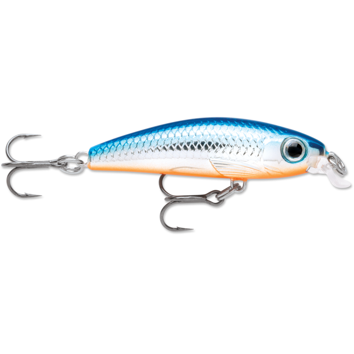 Rapala Ultra-Light Minnow fishing lure with a blue and silver scaled body, realistic eye detail, and two sharp treble hooks for effective fishing tackle use.
