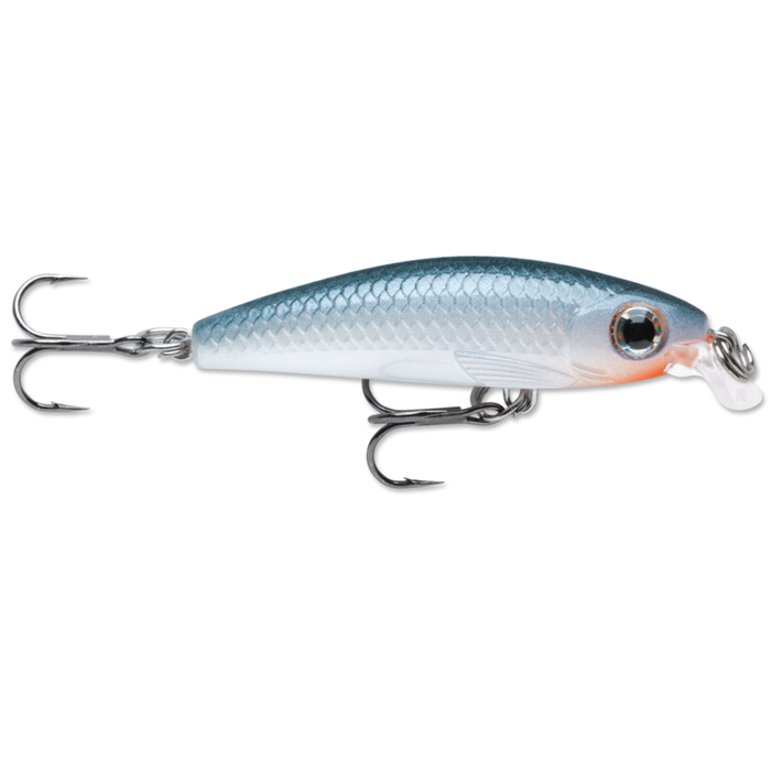 Rapala Ultra-Light Minnow fishing lure designed with a blue and silver scale pattern, featuring two sharp treble hooks and a small diving lip for realistic underwater action.