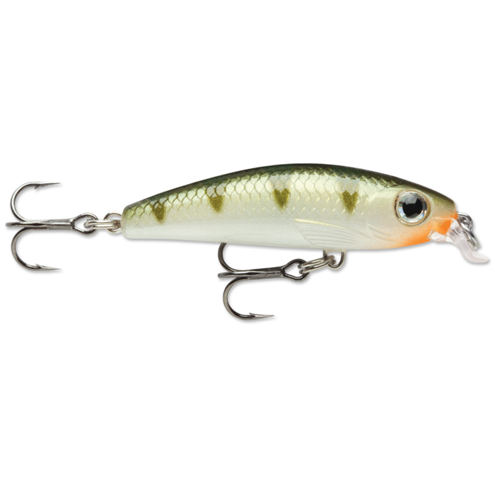 Rapala Ultra-Light Minnow fishing lure designed to mimic a small fish with a greenish back, spotted pattern, silver sides, and equipped with two sharp treble hooks for effective fishing tackle use.