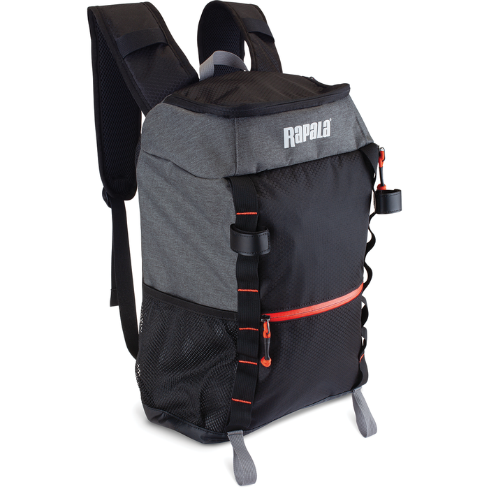 Rapala Venture 13" Backpack in black and gray with padded shoulder straps, mesh side pockets, front zippered compartment, and multiple attachment loops for fishing tackle and gear.