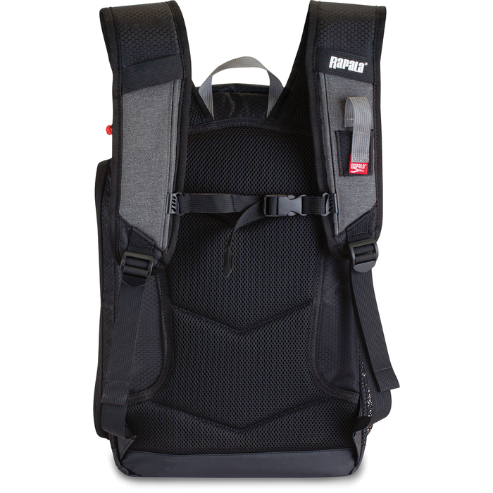 Rapala Venture 13" Backpack shown from the back with padded shoulder straps, adjustable chest buckle, breathable mesh back panel, and durable black and gray fabric for fishing tackle storage.