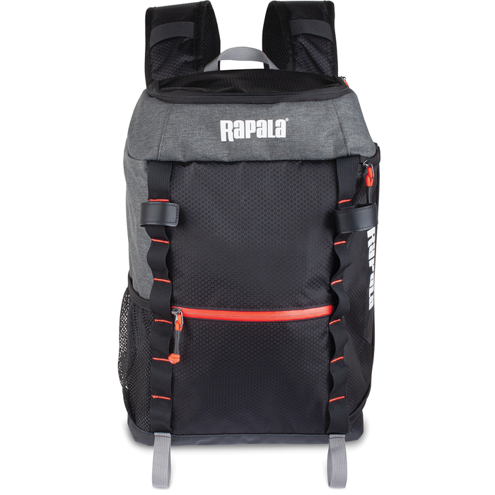 Rapala Venture 13" Backpack in black and gray with red accents, featuring multiple compartments, padded shoulder straps, and durable material designed for carrying fishing tackle and gear.