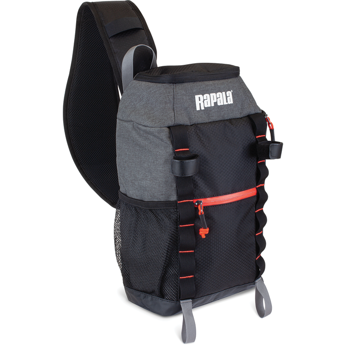 Rapala Venture 8" Slingpack fishing tackle bag in gray and black with red accents, featuring multiple pockets, loops for gear, and a padded shoulder strap for comfortable carrying.