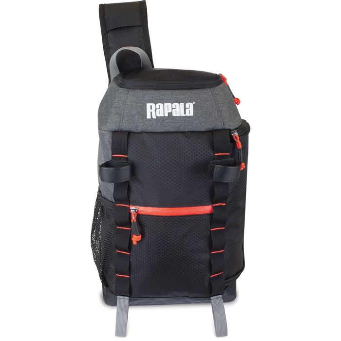 Rapala Venture 8" Slingpack in black and gray with red zipper accents, designed for carrying fishing tackle and gear, featuring multiple compartments and an adjustable shoulder strap.