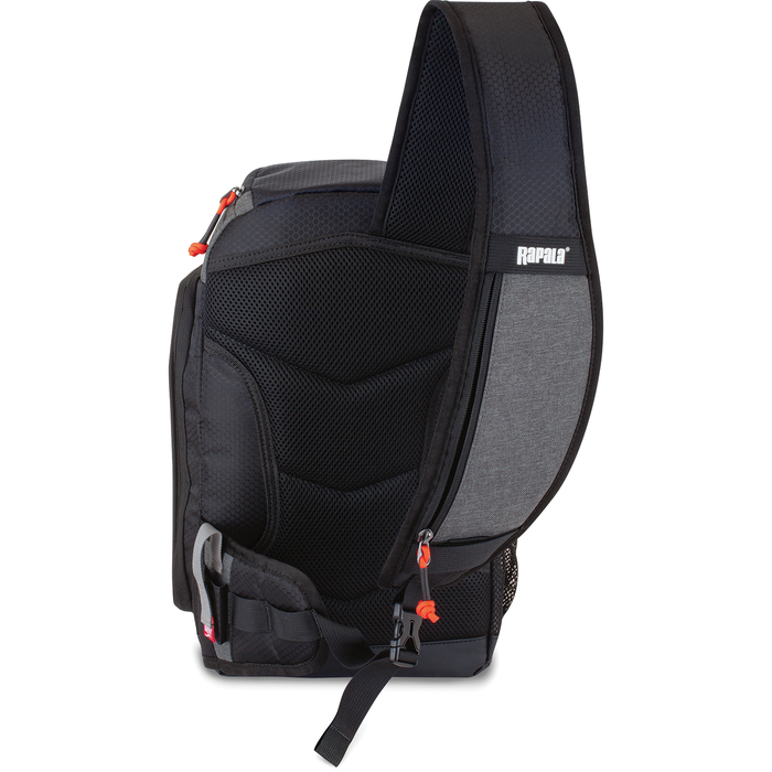 Rapala Venture 8" Slingpack in black and gray with padded mesh back, adjustable strap, multiple zippered compartments, and storage pockets designed for fishing tackle organization.
