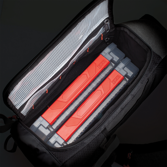 Rapala Venture 8" Slingpack open to show organized interior with two hard plastic tackle boxes featuring bright orange lids, designed for fishing tackle storage and easy access.
