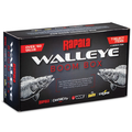 Box packaging of Rapala Walleye Boom Box fishing tackle set featuring graphics of walleye fish and highlighting seven select items plus one bonus item for anglers.