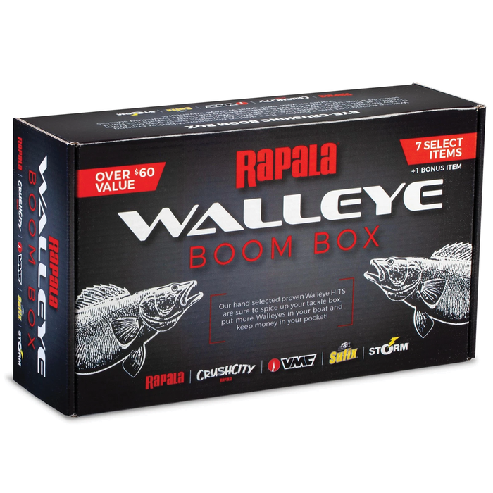 Box packaging of Rapala Walleye Boom Box fishing tackle set featuring graphics of walleye fish and highlighting seven select items plus one bonus item for anglers.