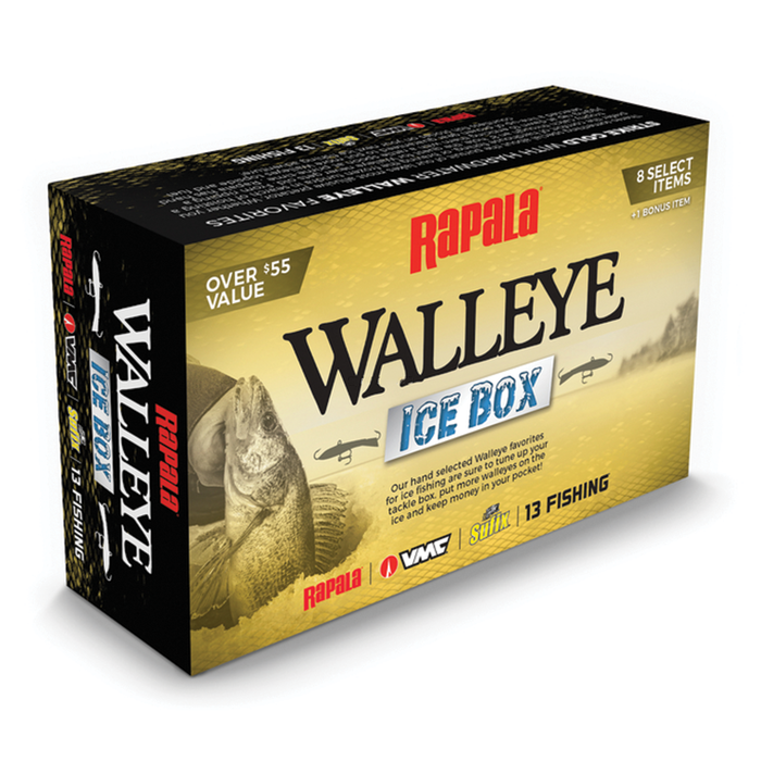 Rapala Walleye Ice Box fishing tackle set in a yellow and black box featuring graphic of a walleye fish, including 8 select fishing items for anglers.
