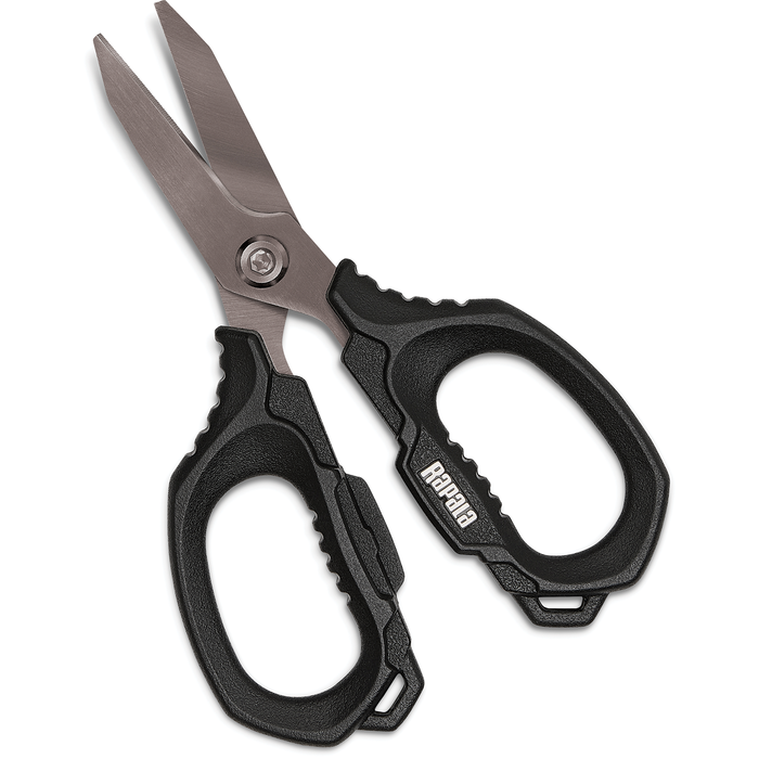 Rapala XD Super Line Scissors with stainless steel blades and ergonomic black handles designed for precise cutting of fishing line and tackle.