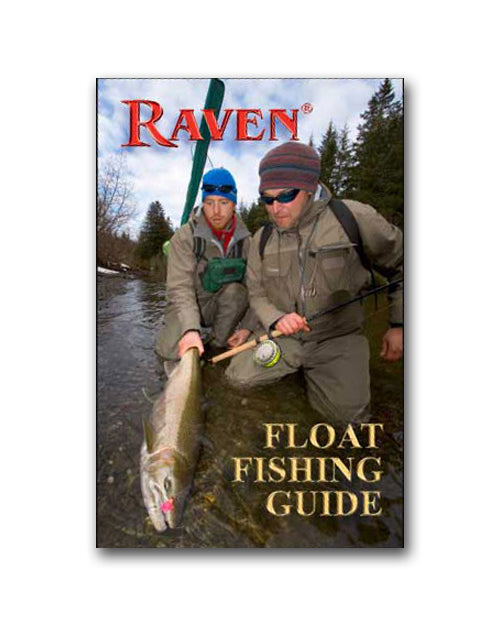 Cover of the Raven Float Fishing Guide Book showing two men in fishing gear holding a large fish in a river with forest background, illustrating expert fishing technique.