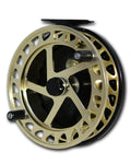 Raven Helix Centerpin Float Reels featuring a gold-tone, perforated spool design with dual black handles and a sturdy black frame, ideal for precise fishing tackle use.