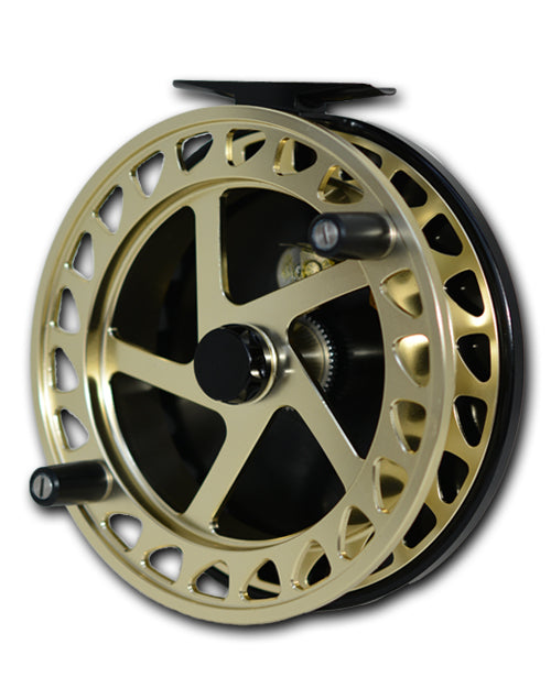 Raven Helix Centerpin Float Reels featuring a gold-tone, perforated spool design with dual black handles and a sturdy black frame, ideal for precise fishing tackle use.