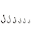 Six Raven Octopus Strong Hook fishing hooks in a row, displayed in descending size order, showing sharp barbed points and curved black metal design for durable and reliable fishing tackle.