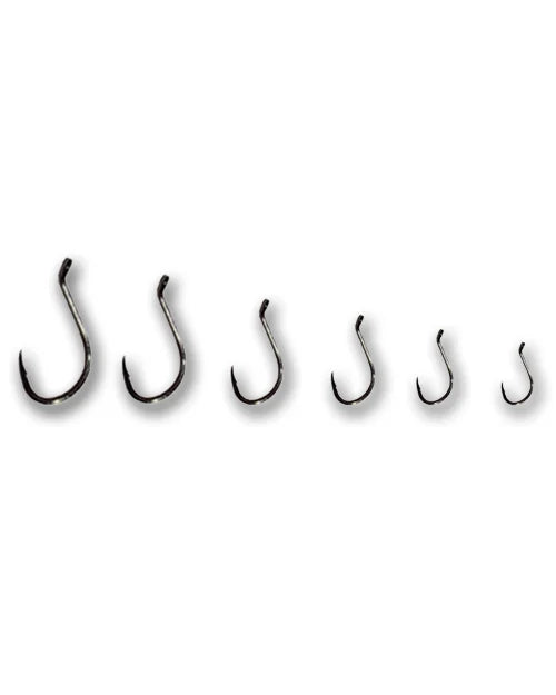 Six Raven Octopus Strong Hook fishing hooks in a row, displayed in descending size order, showing sharp barbed points and curved black metal design for durable and reliable fishing tackle.