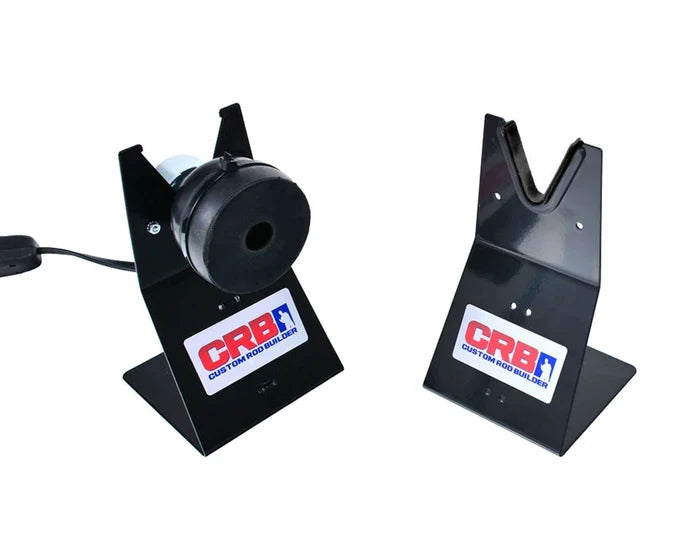 RDS Rod Drying System (9RPM-110V) with two black metal stands, one featuring a rotating drying drum and the other a V-shaped rod holder for efficient fishing rod drying.
