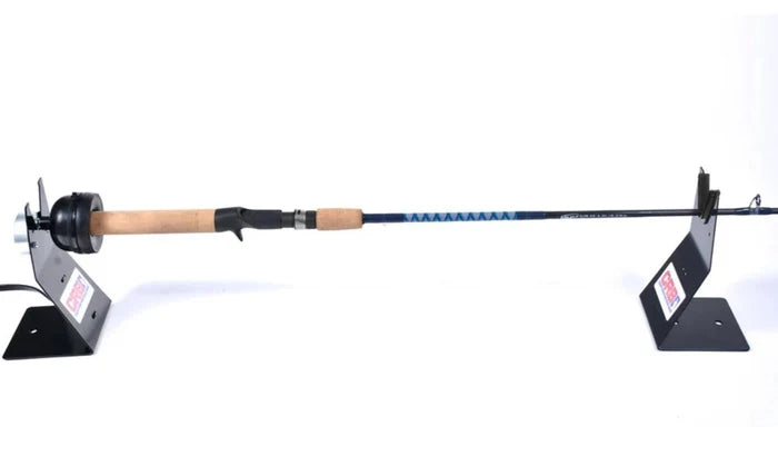 RDS Rod Drying System (18RPM-220V) showing a fishing rod mounted horizontally between two black metal stands with a motorized drying unit on one end designed for drying fishing rods and reels.