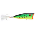 Rebel Lures POP "R" Magnum fishing lure with bright green and yellow body, black markings, red mouth detail, and white feathered treble hook for effective fishing tackle.