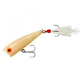 Rebel Lures POP "R" Standard fishing lure with a natural wood finish body, orange eye detail, two treble hooks, and white feathered tail designed for effective fishing tackle.