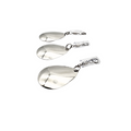 Three shiny silver metallic fishing blade attachments of varying sizes arranged in descending order, identified as Red October Blade Attachment (3 Pack), designed for use with fishing tackle.