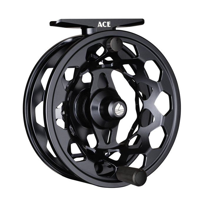 Redington Ace Fly Reel in matte black finish with a honeycomb spool design and ergonomic handle, crafted for smooth fly fishing performance.