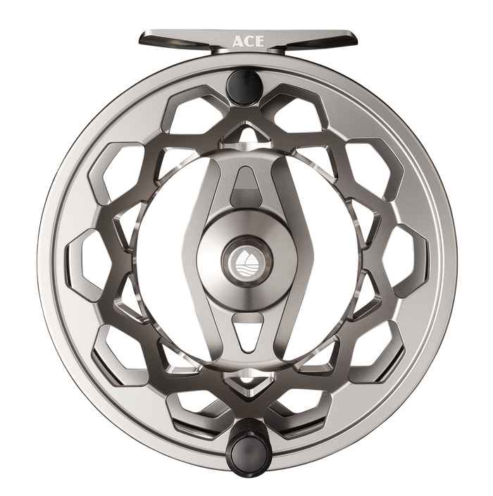Top-down view of the Redington Ace Fly Reel, a lightweight, silver fishing reel with a honeycomb cutout design, ergonomic handle knobs, and sleek modern finish for fly fishing tackle.