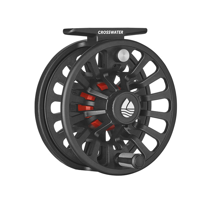 Redington Crosswater IV Fly Reel in black with red accents, showcasing a durable, lightweight design ideal for fly fishing and precise line control.