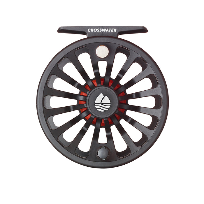 Redington Crosswater IV Fly Reel in black with red accents, featuring a large arbor design and smooth spool ventilation, ideal for fly fishing and fishing tackle enthusiasts.