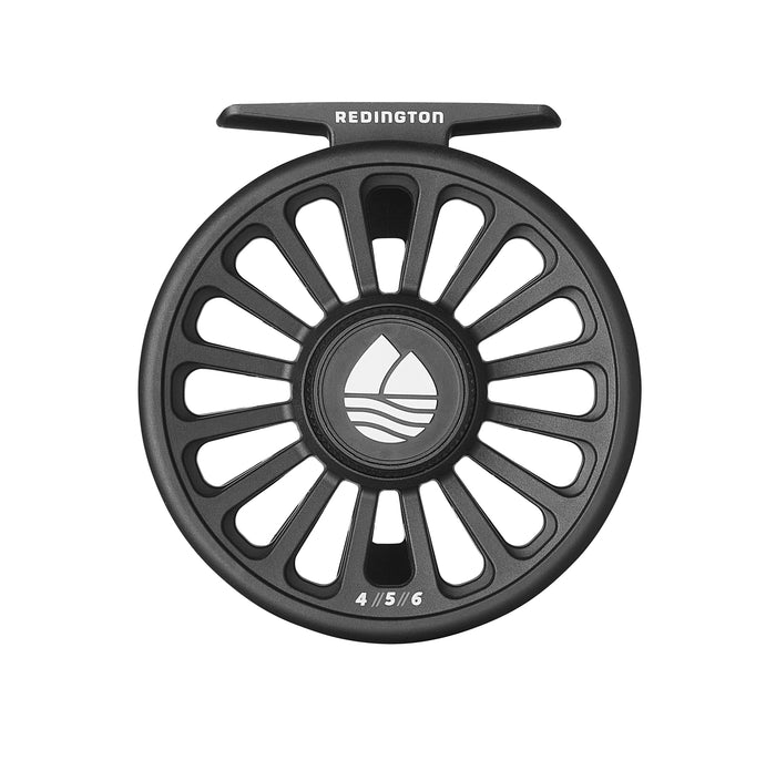 Black lightweight circular fly fishing reel with multiple cut-out spokes, featuring the Redington logo and labeled 4/5/6, identified as Redington Crosswater IV Fly Reel.