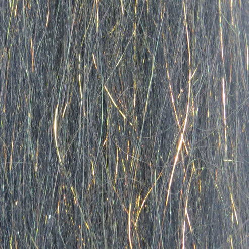 Close-up view of dark grey and gold strands of Renzetti Sculpting Flash Fiber used in fishing tackle for enhanced lure appearance and attraction.