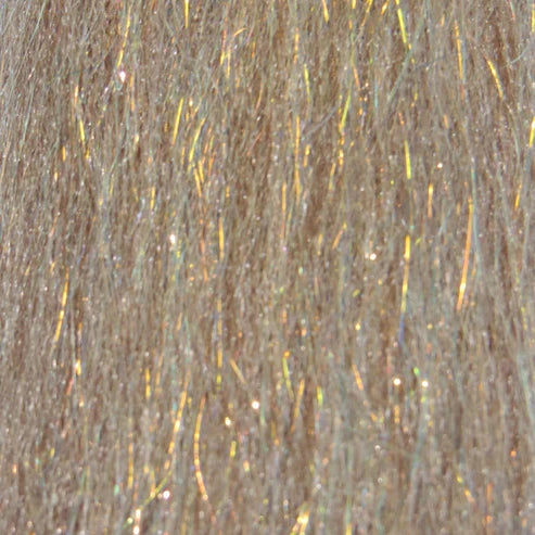 Close-up of Renzetti Sculpting Flash Fiber material in mullet brown with fine, shiny, reflective fibers woven into a soft textured surface for fishing lure crafting.