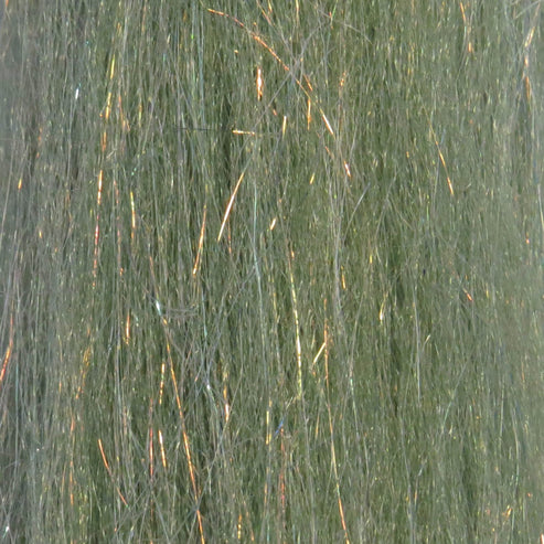 Close-up of olive green Renzetti Sculpting Flash Fiber strands with subtle metallic highlights, used as fishing tackle material for fly tying and lure creation.