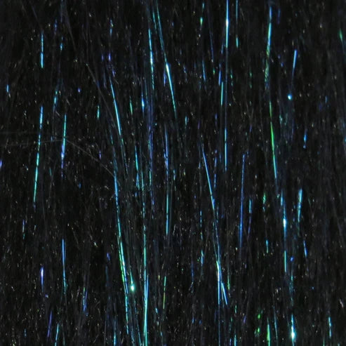 Close-up of black synthetic fibers with iridescent blue and green strands, part of the Renzetti Sculpting Flash Fiber used for fishing lure crafting and fishing tackle.