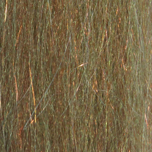 Close-up image of Renzetti Sculpting Flash Fiber showing fine, iridescent, camo-colored synthetic fibers with subtle copper and green shimmer, used in fishing tackle and lure making.