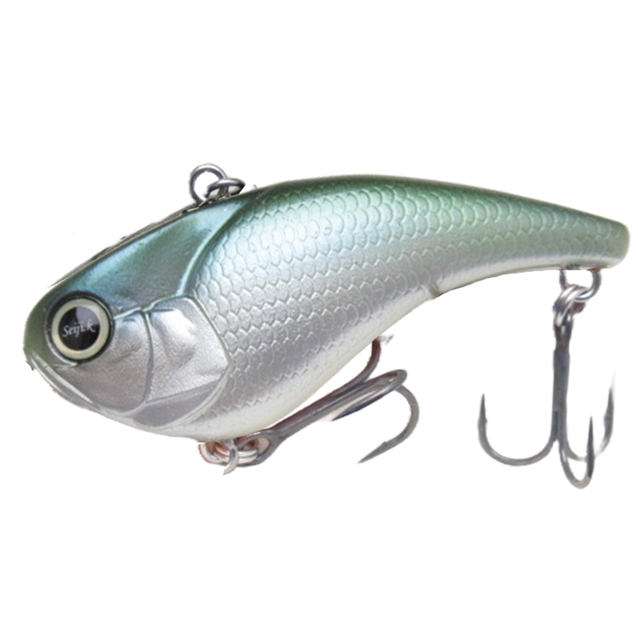 Revonik Volbeat Lipless fishing lure with a silver and green scale pattern, detailed fish eye, and two sharp treble hooks designed for musky fishing tackle.