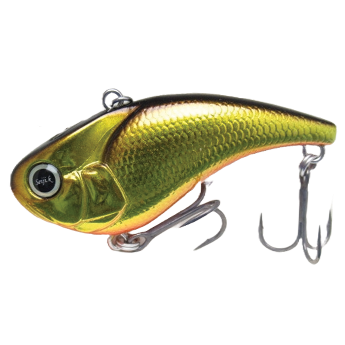 Revonik Volbeat Lipless fishing lure in shiny gold and green with detailed scale texture, realistic eye, and two sharp treble hooks for effective angling.