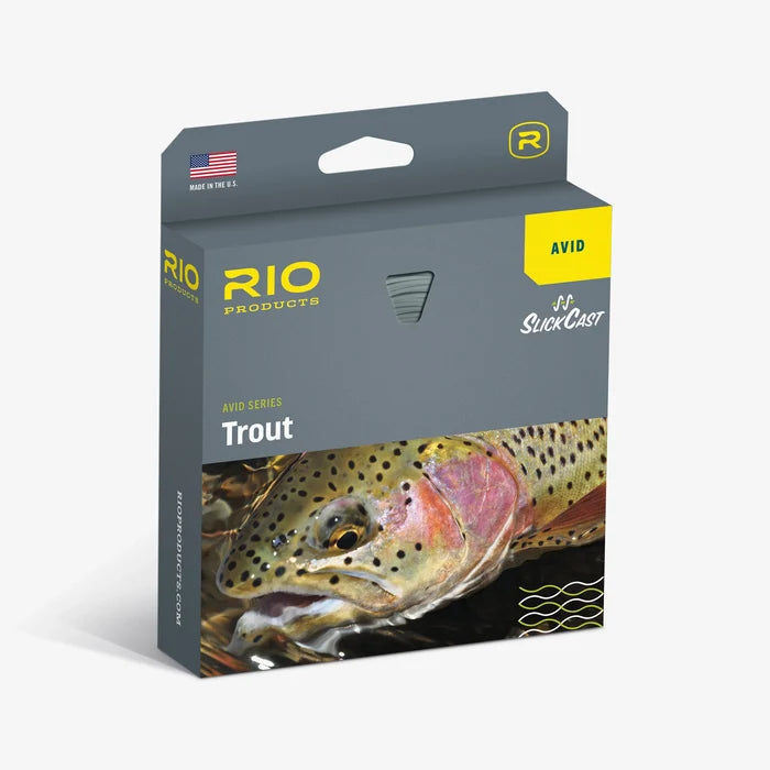 Packaging of Rio Avid Grand fly fishing line featuring a detailed trout image on the front, designed for precise casting in fly fishing tackle.