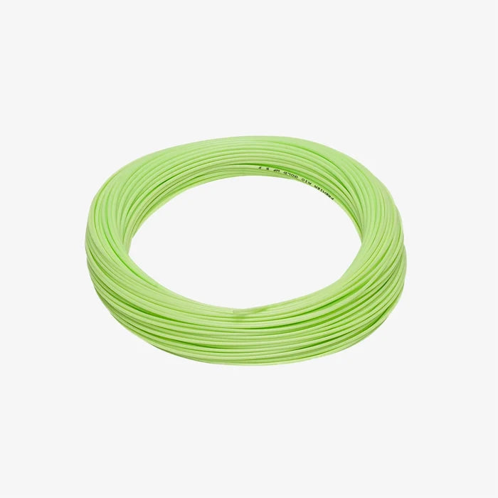 Coiled bright green fly fishing line labeled Rio Avid Grand, designed for precision casting and durability in fishing tackle.