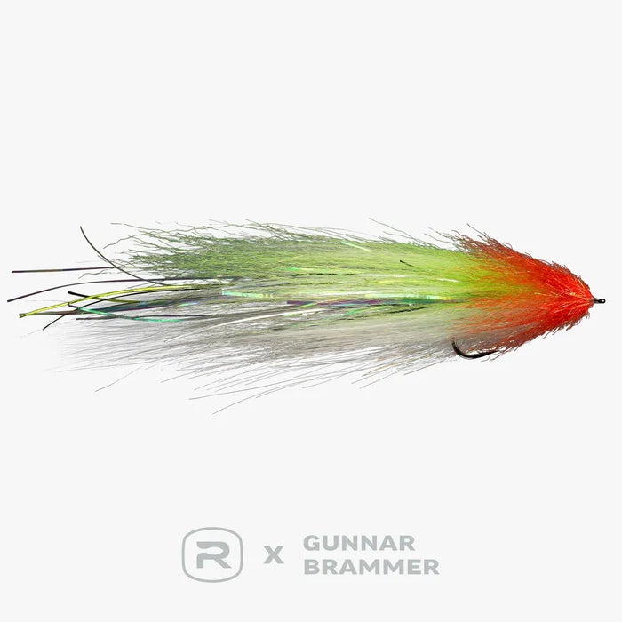 RIO Brammer Imposter 6/0 fishing lure with vibrant green, orange, and silver fibers designed for freshwater and warm water fishing, ideal for musky and fly fishing tackle.
