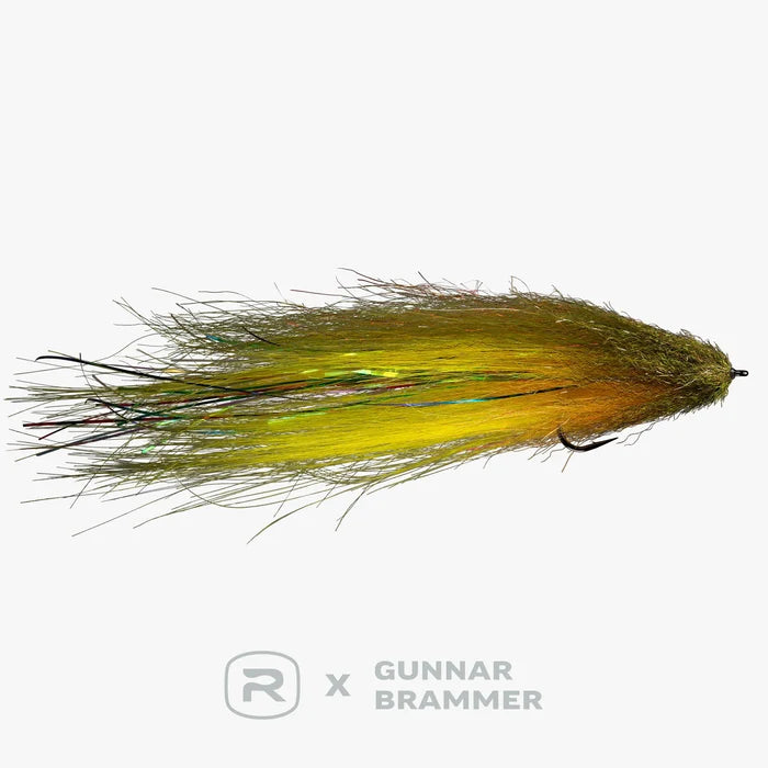 RIO Brammer Imposter 6/0 fishing lure in yellow and green tones with synthetic fibers and a sharp hook, designed for freshwater and warm water fishing tackle.
