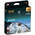 Packaging of Rio Elite Bonefish Fly Line featuring a close-up image of a bonefish in water, emphasizing low stretch and SlickCast technology for precise fishing tackle performance.