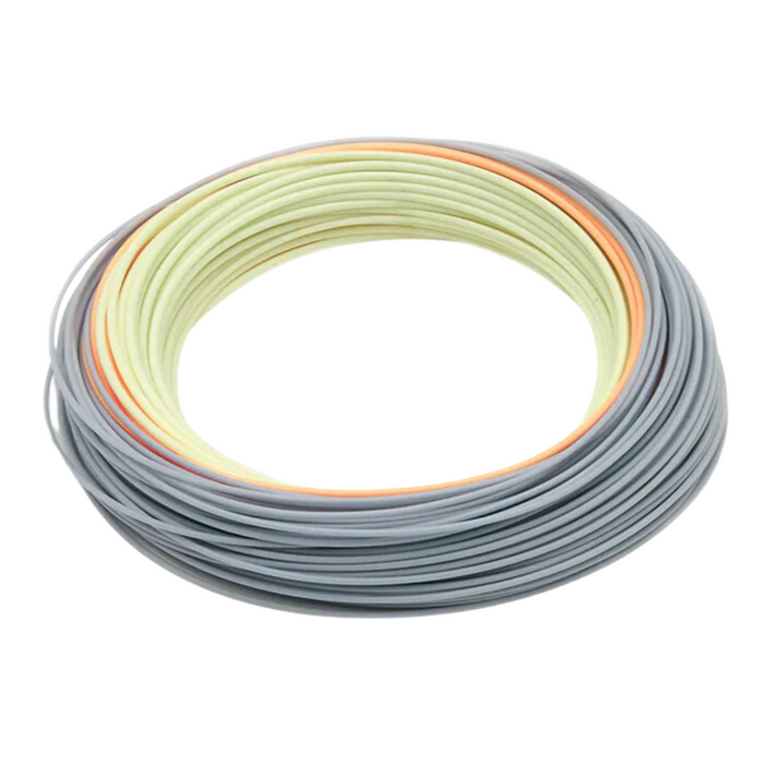 Coiled Rio Elite Bonefish Fly Line in pale yellow and gray tones with an orange accent, designed for precise fly fishing performance and durability.