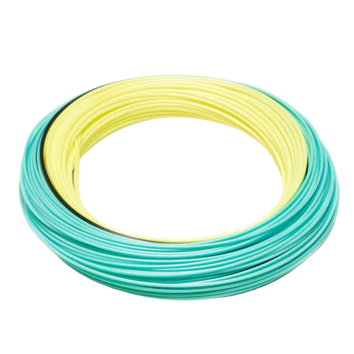 Coiled Rio Elite Bonefish Fly Line in yellow and teal colors, designed for precision casting in fly fishing, suitable for use with fishing rods and reels.