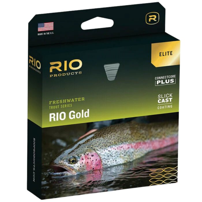 Packaging of Rio Elite Gold Fly Line featuring a close-up image of a rainbow trout in water, highlighting the product name and features like ConnectCore Plus and Slick Cast coating.