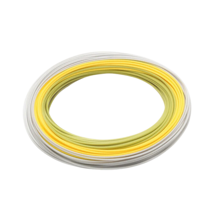 Coiled Rio Elite Gold Fly Line in yellow, white, and light green colors, designed for precision fly fishing and enhanced casting performance.