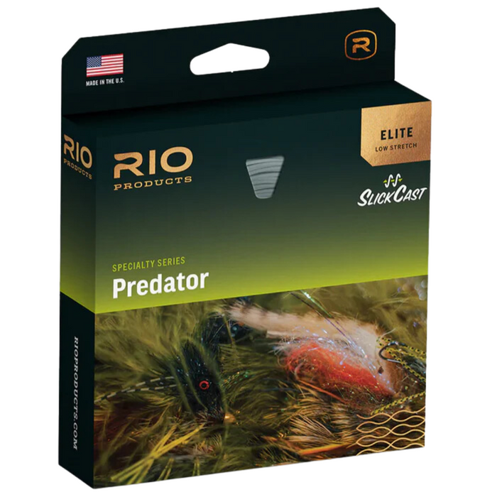 Box packaging of Rio Elite Predator Fly Line with a dark green and black design featuring fishing lures imagery, highlighting elite low stretch and SlickCast technology.